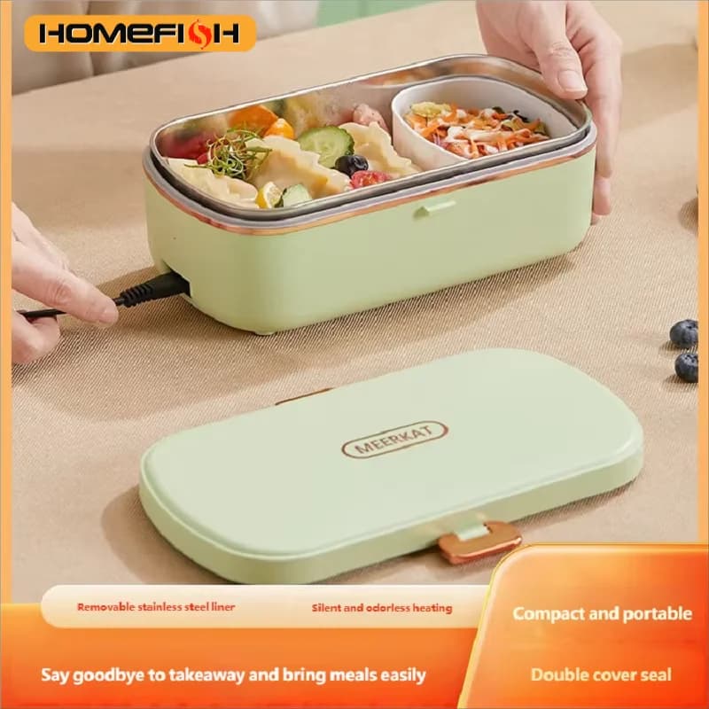 HOMEFISH Stainless Steel Electric Lunch Box Food Warmer Bento Box Water-Free Heating Office Lunch Container with Built-In Heater