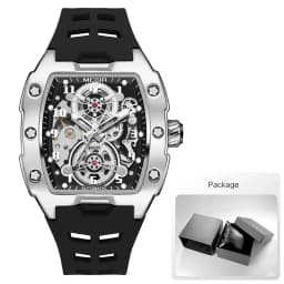 MEGIR 8602 Fashion Orange Automatic Watch Men Waterproof Luminous Mechanical Wristwatch with Tonneau Hollow Dial Silicone Strap