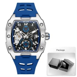 MEGIR 8602 Fashion Orange Automatic Watch Men Waterproof Luminous Mechanical Wristwatch with Tonneau Hollow Dial Silicone Strap