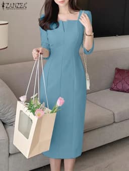 ZANZEA Elegant Women Slim Knee-length Dress Fashion Square Neck 3/4 Sleeve Seamed Party Vestidos Casual Commute Solid Short Robe