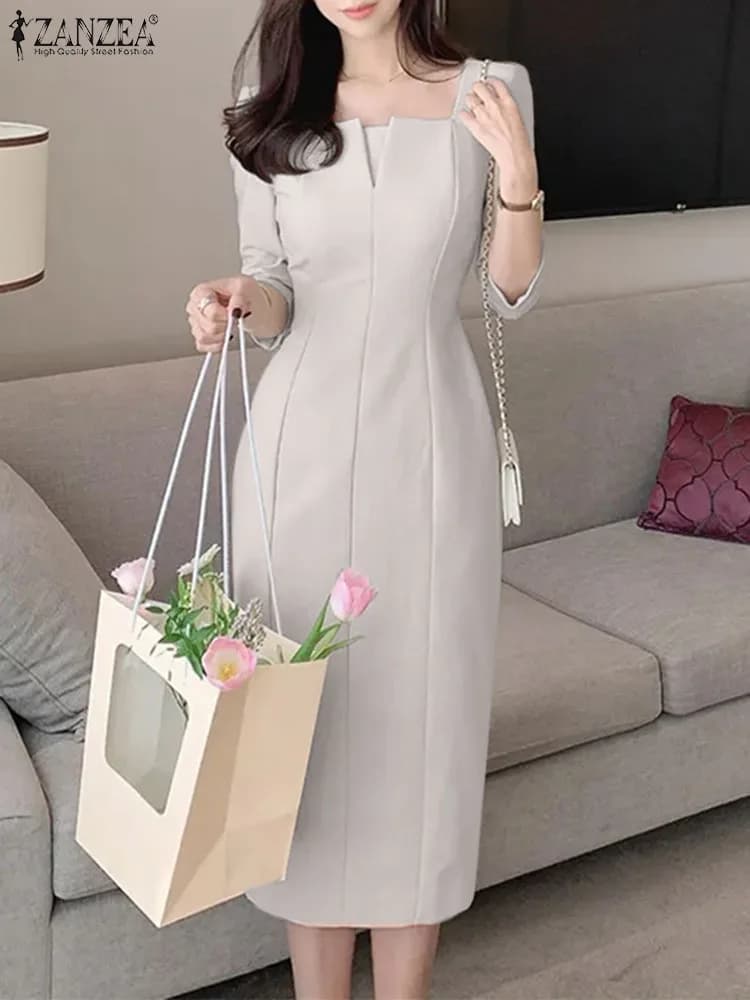 ZANZEA Elegant Women Slim Knee-length Dress Fashion Square Neck 3/4 Sleeve Seamed Party Vestidos Casual Commute Solid Short Robe