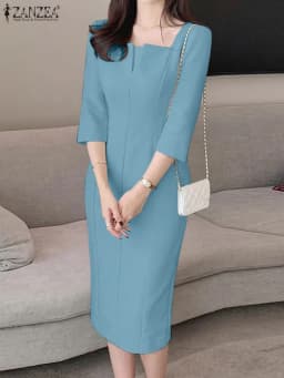 ZANZEA Elegant Women Slim Knee-length Dress Fashion Square Neck 3/4 Sleeve Seamed Party Vestidos Casual Commute Solid Short Robe