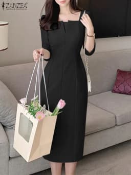 ZANZEA Elegant Women Slim Knee-length Dress Fashion Square Neck 3/4 Sleeve Seamed Party Vestidos Casual Commute Solid Short Robe