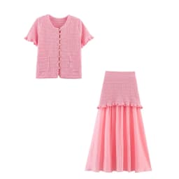 HH Women Casual Knitted Tank Top Pleated Skirt Sets Single Breasted Short Sleeve O Neck T-Shirt Slim Patchwork Skirt Outfit