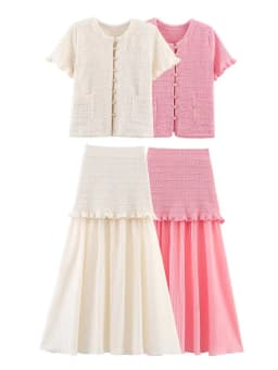 HH Women Casual Knitted Tank Top Pleated Skirt Sets Single Breasted Short Sleeve O Neck T-Shirt Slim Patchwork Skirt Outfit
