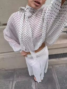 HH Women Vintage Polka Dot Skirt Sets Long Sleeve Bow Tie Shirt Loose A-line Skirt 2026 Spring Casual Vacation Beach Outfits