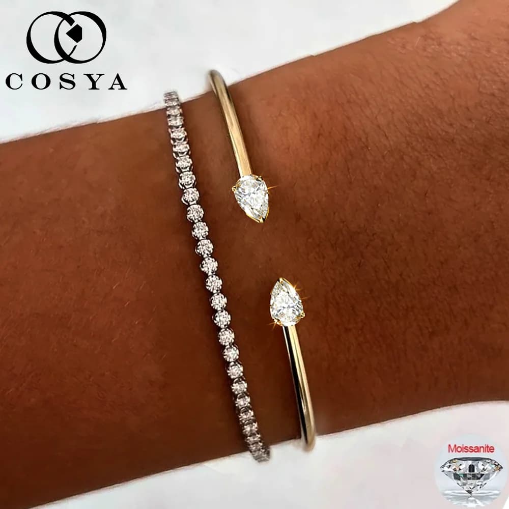 COSYA 2CT Pear Moissanite Open Bangles Bracelet for Women S925 Silver 18K Gold Plated WaterDrop 2 Stone Adjustable Fine Jewelry