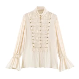 YENKYE Women Decorative Button Romantic Shirt Long Flare Sleeve High Neck Pleated Vintage Elegant Tops