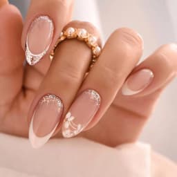24pcs Nude Pink Almond Fake Nails Shiny Powder Flower Pattern French False Nails Wearable Full Cover Ins Simple Press on Nail