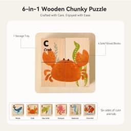 6 in 1 Wooden Chunky Puzzle Blocks for Toddlers Solid Wood Printing Smooth Burr Free Ocean Animals Fine Motor Skills Parent Game