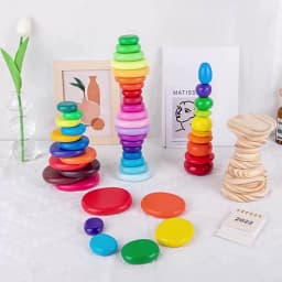 Wooden Montessori Rainbow Pebbles Stack Block Toys Nordic Style Gradient Stacking Stone Balancing Game DIY Educational Kids Toys