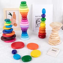 Wooden Montessori Rainbow Pebbles Stack Block Toys Nordic Style Gradient Stacking Stone Balancing Game DIY Educational Kids Toys