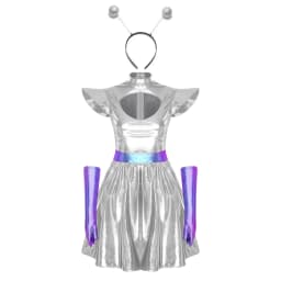 Adult Women Silver Astronaut Costume Alien Tutu Dress Suit Space Cadet Leotards Dress for Halloween Cosplay Theme Party Dress-up