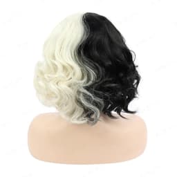 HAIRJOY Synthetic Hair Cosplay Cruella Loose Curl Bob with Neat Bang Black White Wig for Women Halloween Costume