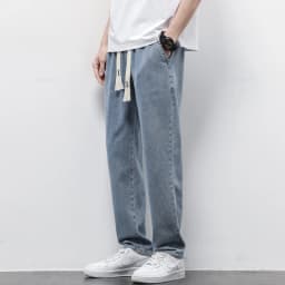 Men's Jeans Cotton Soft Drawstring Straight Pants Elastic Waist Vintage Blue Korea Casual Trousers Male Plus Size S-5XL