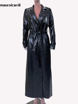 Mauroicardi Spring Autumn Extra Long Shiny Reflective Crocodile Print Pu Leather Trench Coat for Women Luxury Designer Clothes