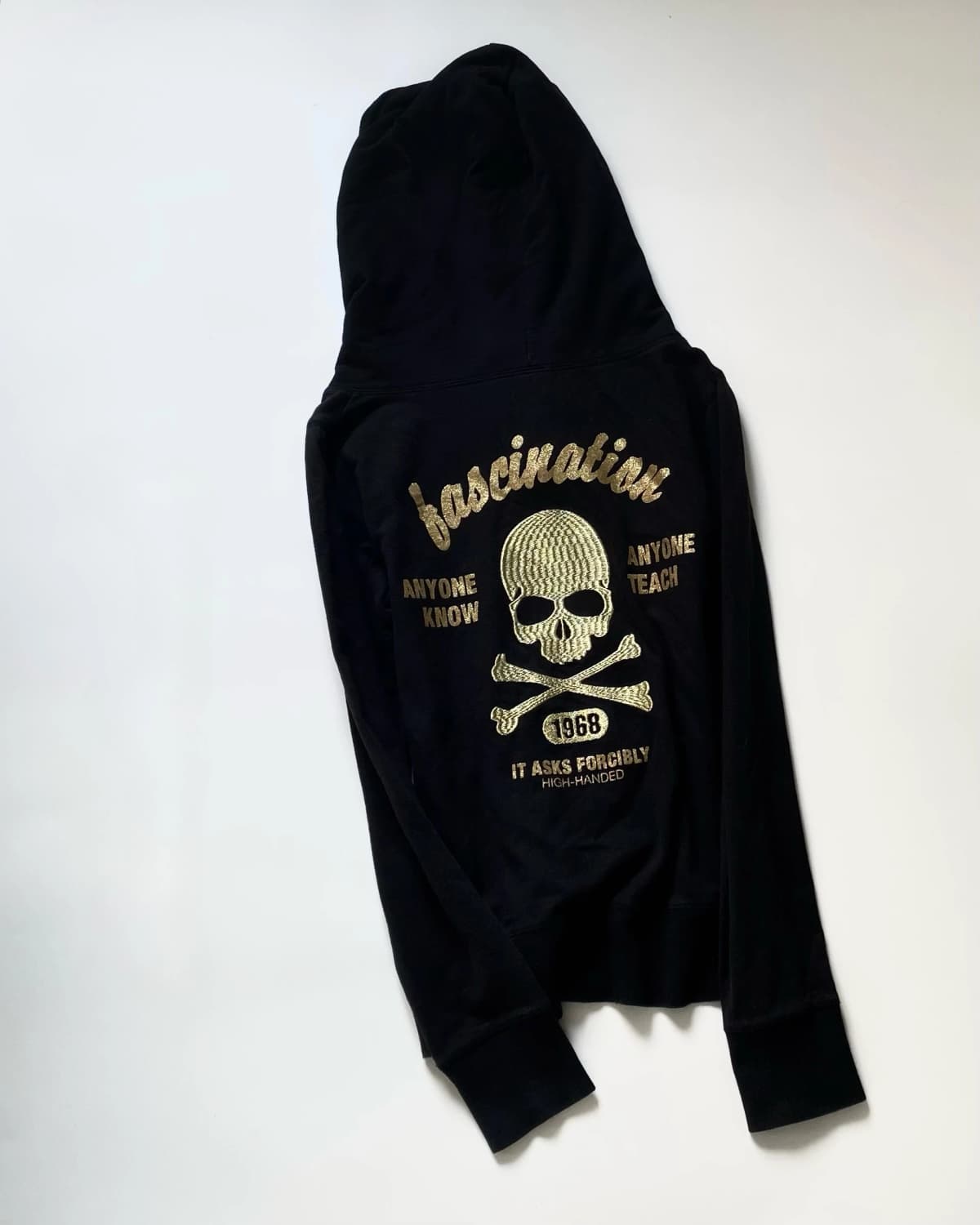 Y2K Goth Punk Zip Up Sweatshirt Embroider Skeleton Cross Bones Pattern Gold Lettering Hoodies Women Winter Streetwear Top Jacket