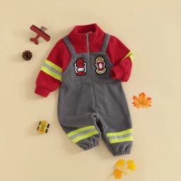 Baby Firefighter Costume Plush Romper Contrast Color Embroidery Long Sleeve Zip Up Jumpsuit