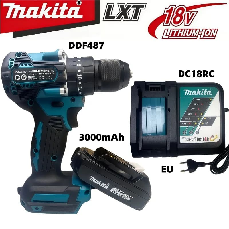 Makita DDF487 10mm Brushless 18V 3.0Ah Li-ion Cordless Drill, High Torque Electric Screwdriver With Makita 18V Battery