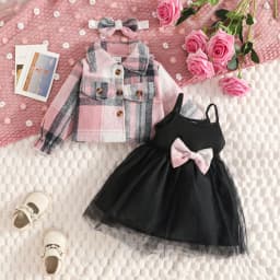 Children Baby Girls Clothes Fashion Lapel Pink Plaid Jacket+Black Mesh Dress For Girls Kids Dress Set 3pcs Baby Girl Outfit Sets