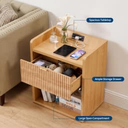Set Of 2 Fluted Nightstands With Charging Station, 22.83in Wood Bedside Tables With Drawer & Shelf, Oak End Tables Bedroom