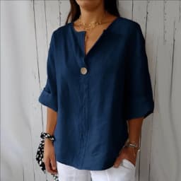 VEITCHE Spring Summer Women's Shirt Blouses Top V-neck Button Tee Shirts 3/4 Sleeve Casual Cotton Linen Top Loose Fit Pullover