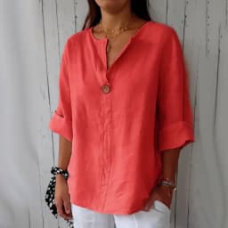 VEITCHE Spring Summer Women's Shirt Blouses Top V-neck Button Tee Shirts 3/4 Sleeve Casual Cotton Linen Top Loose Fit Pullover