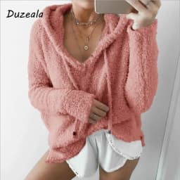 Customizable Autumn Top Women Casual Mohair Hooded Pullovers V Neck Fleece Sweater Fashion Sweet Loose Warm Winter Tops Pullover