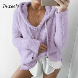 Customizable Autumn Top Women Casual Mohair Hooded Pullovers V Neck Fleece Sweater Fashion Sweet Loose Warm Winter Tops Pullover