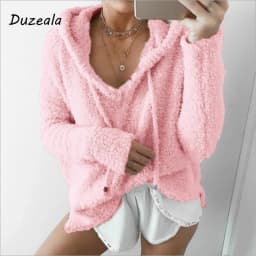Customizable Autumn Top Women Casual Mohair Hooded Pullovers V Neck Fleece Sweater Fashion Sweet Loose Warm Winter Tops Pullover