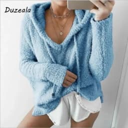 Customizable Autumn Top Women Casual Mohair Hooded Pullovers V Neck Fleece Sweater Fashion Sweet Loose Warm Winter Tops Pullover