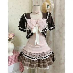 Vintage Sweet Chic Lolita 3 Piece Set Women Lace Cardigan + Camisole Top + Plaid Cake Mini Skirt Japanese Kawaii Fashion Outfit