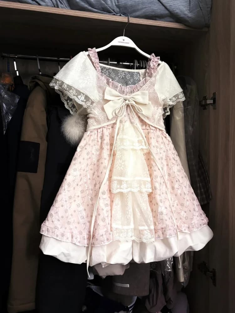 Japanese Kawaii Sweet Women Dress Sets Vintage Fairy Strap Design Short Dresses Harajuku Fashion Lace Female Casual Chic Outfits