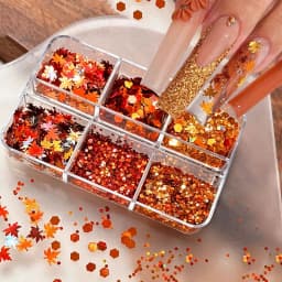 6grids Holographic Red Maple Leaves Nail Glitter Sequins Shiny Mix Laser Gold Hexagon Nail Flakes 3D Maple Leaf Nail Decorations