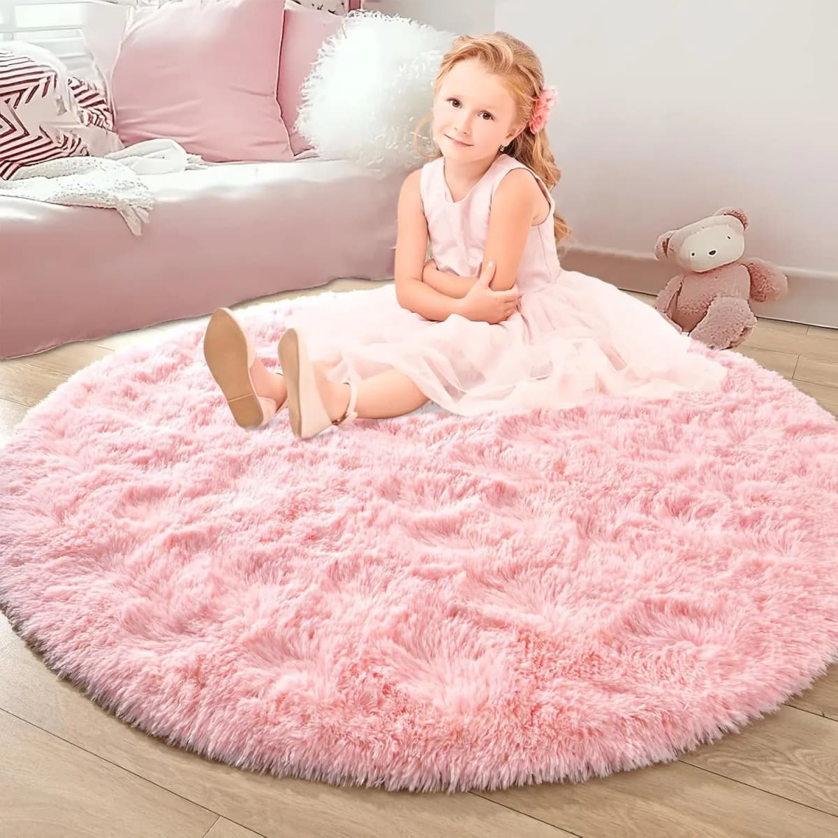 VIKAMA Pink Round Carpet Fluffy Soft Area Floor Mat Children Girls Room Princess Castle Plush Carpet Living Room Home Decor