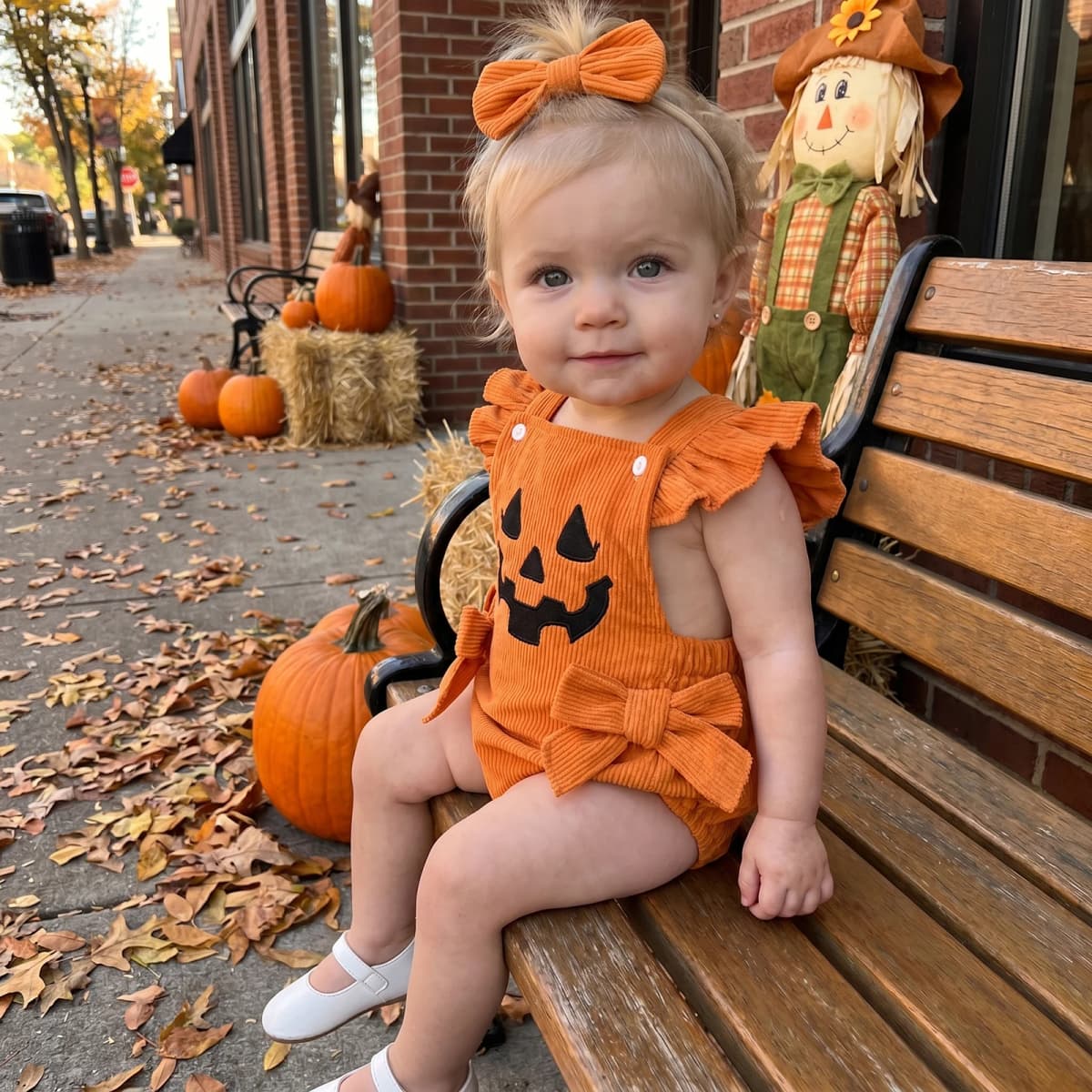Baby Girl Halloween Bodysuits Outfit Devil Face Pattern Bows Ribbed Flying Sleeve Corduroy Romper Bow Headband 2 Pcs Set