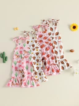 Bottom Sleeveless Bell Bottom Rugby Cow Print Sleeveless Bell Girls-Overalls-Rugby Sleeveless-Bell Toddler Girls Overalls Romper