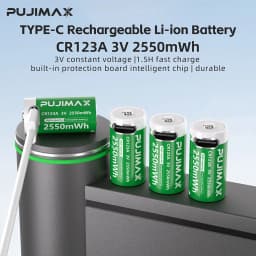 PUJIMAX CR123A Batteries With USB-C Fast Charging Cable-High Capacity 2550mWh Li-ion Polymer Cells For Flashlights Cameras