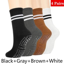 4 Pairs Women Anti-skid Yoga Socks Grips Cotton Mid-tube Bottom Breathable Fitness Dance Barre Workout Pilates Socks Striped Gym