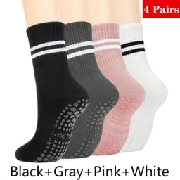 4 Pairs Women Anti-skid Yoga Socks Grips Cotton Mid-tube Bottom Breathable Fitness Dance Barre Workout Pilates Socks Striped Gym