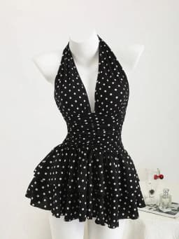 New Street Spicy Girl Digital Printed Design with Neck Hanging, Sleeveless Short, Thin Waist Cake Skirt
