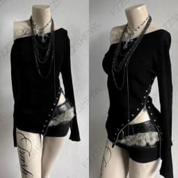 Gothic Y2K Women's Long-Sleeve T-Shirt Sexy Slim Fit Chic Slash Neck Zipper Design Crop Top Rock Punk Hip Hop Women's Streetwear