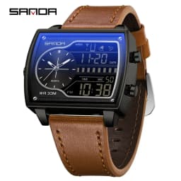 SANDA Top Luxury Men's Quartz Watch Fashion Square Watches Countdown Sports Waterproof Dual Display LED Men's Digital Wristwatch