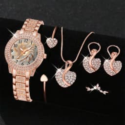 Women's Quartz Watch Gold Luxury Women Ring Necklace Earring Rhinestone Fashion Wristwatch Casual Ladies Watches Jewelry Set 