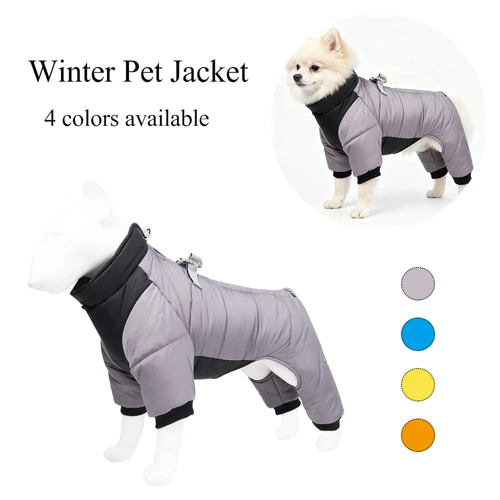 Winter Warm Dog Jacket Reflective Four Legged Clothes Outdoor Waterproof and Windproof Traction Harness Jumpsuit Chihuahua Coat