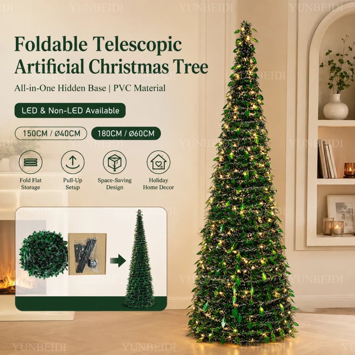 Foldable Artificial Christmas Tree 150cm/180cm with LED Lights Integrated Christmas Tree Family Christmas Party Scene Decoration