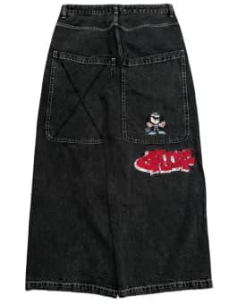 Men Gothic Cross Print Black Denim Baggy Pants Mid Waist Big Pocket Design Loose Fit Hip Hop Streetwear Jeans for Daily Casual