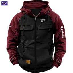 2026 Reebok New Autumn-Winter Men's Hooded Patchwork Casual Sweatshirt, Loose-Fit Fashionable Youth Multi-Pocket Padded Hoodie