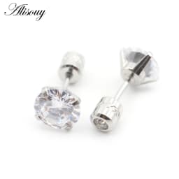 Alisouy 2PCS Surgical Stainless Steel 4 Prong Double Zircon CZ Women Men Girl Ear Stud Cartilage Screw Earrings Piercing Jewelry