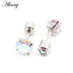 Alisouy 2PCS Surgical Stainless Steel 4 Prong Double Zircon CZ Women Men Girl Ear Stud Cartilage Screw Earrings Piercing Jewelry